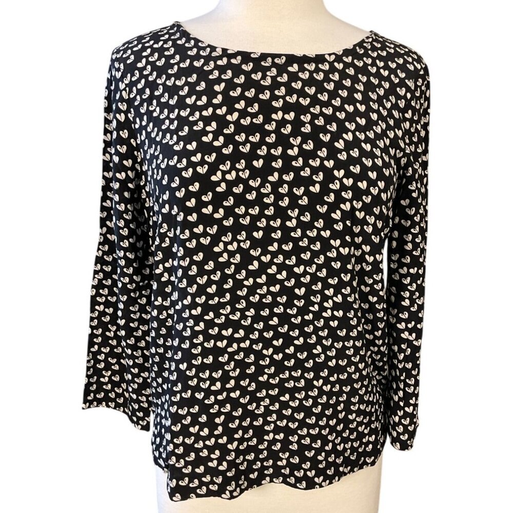 Maeve Anthropologie Linosa Heart Blouse 3/4 Sleeves Black White Silk Back Zip M